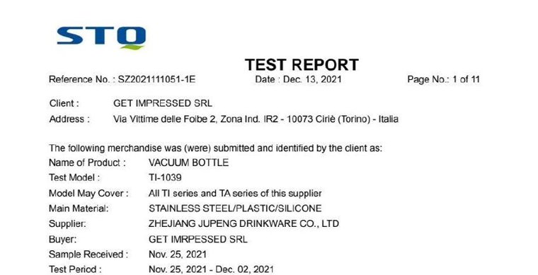 STQ EU food-contact test report commissioned by Get Impressed SRL on a Jupeng TI-1039 vacuum bottle