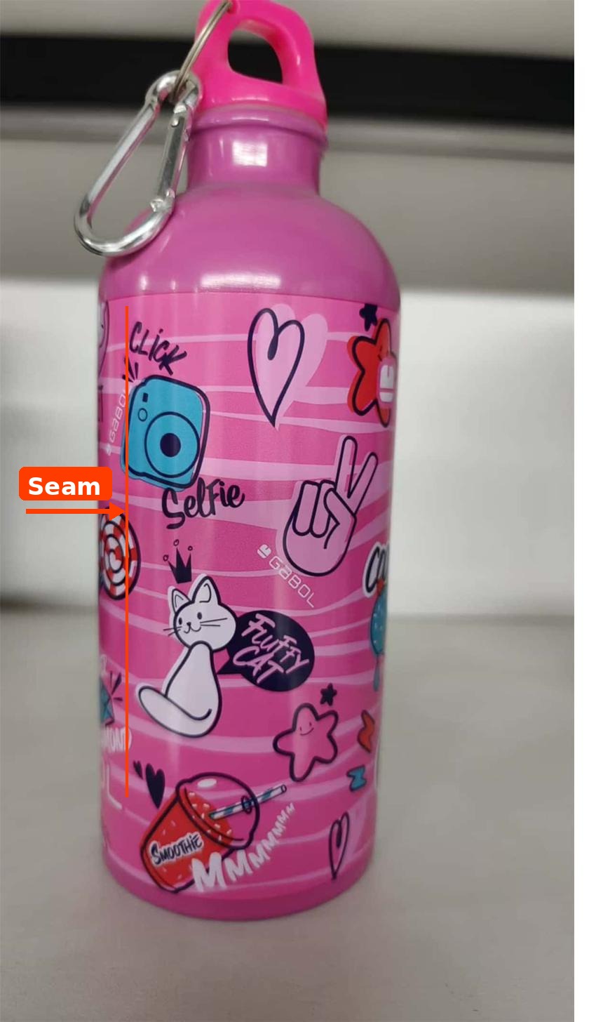 Heat transfer seam on a custom water bottle — where the wrap meets, Jupeng Drinkware