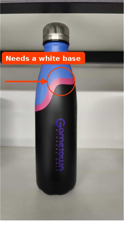 UV digital — colour on a dark body needs a white base — Jupeng Drinkware
